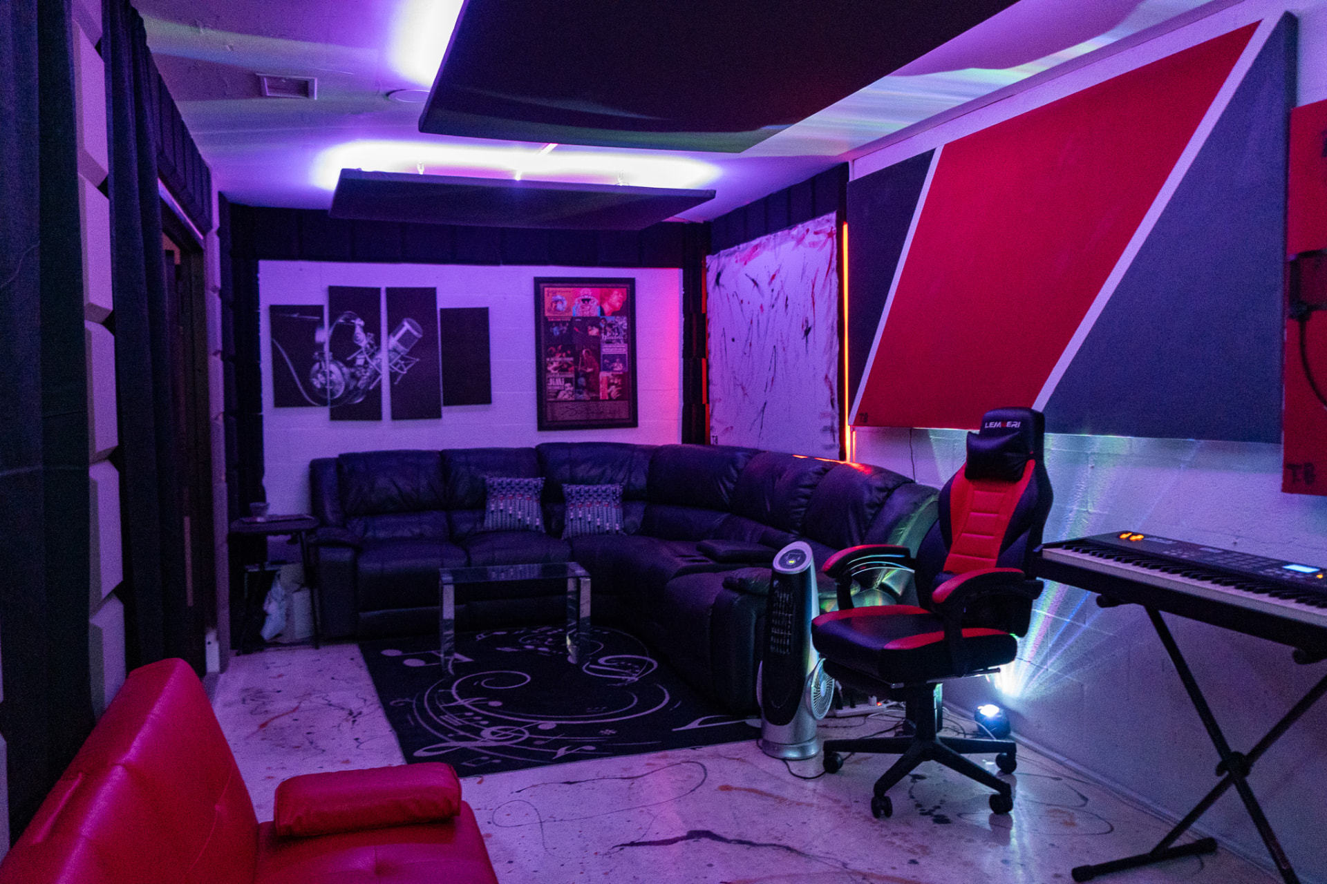 Studio B lounge with keyboards and couches